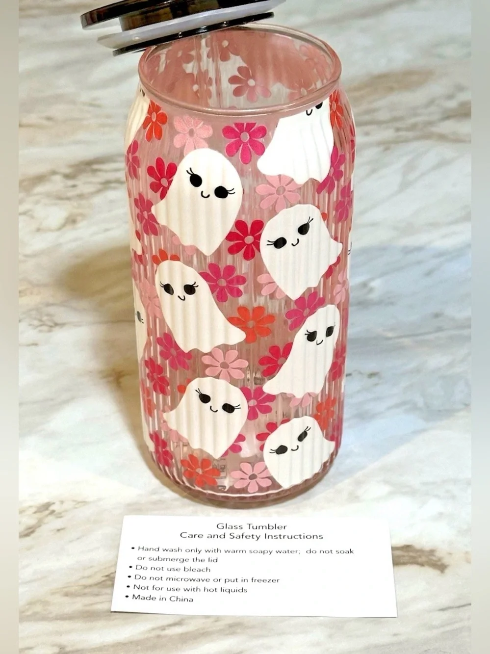 20 Ounce Halloween Pink Glass With Ghosts and Flowers Print Lid and Straw